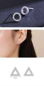 Detail showing S925 sterling silver geometric stud earrings in round and triangle shapes