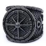 Detailed macro view of retro black stainless steel pirate ship wheel anchor ring