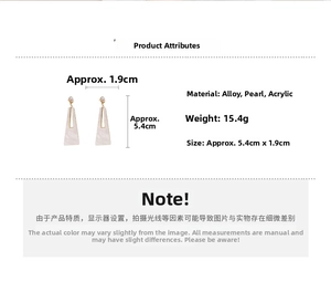 Detail of geometric acrylic pearl drop earrings with 5.4cm size and 15.4g weight specs