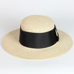 Chapeau Canotier En Paille À Bord Large Protection Solaire Ruban De Gros-Grain Noir Réglable Été Plage Voyage