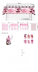 Pink cowgirl party supplies set including tablecloth, cutlery, and themed balloon decorations