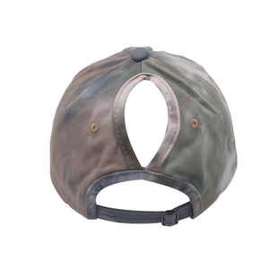 Detail view of the tie-dye ponytail baseball cap with an adjustable rear strap