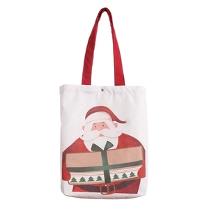 Canvas Santa Claus gift tote bag with red handles and festive cartoon illustration