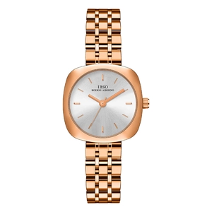 Elegant rose gold square watch for women with silver sunray dial and metal mesh strap
