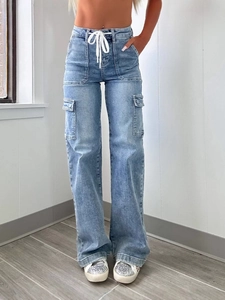 Women High Waist Cargo Jeans Straight Leg Washed Denim Cotton Polyester Blend Drawstring Multi Pocket Streetwear Style