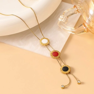 18K gold plated Y-shaped necklace with roman numeral pendants and zircon tassels