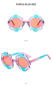 Detail of round flower sunglasses for children with purple-blue-red gradient frames