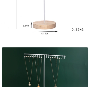 Detail view of T-bar jewelry stand with white metal hooks and wood base dimensions