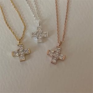 925 Sterling Silver Cross Pendant Necklace With Square Cut Zircon Minimalist Elegant Jewelry For Women Daily Gift