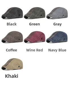 Detailed grid of vintage washed cotton flat caps in seven assorted classic retro colors