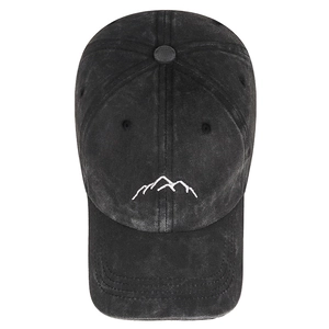 Vintage washed black baseball cap with white mountain embroidery and curved brim