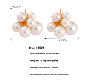 Detail showing 1.9cm pearl cluster earrings made of copper with high luster beads
