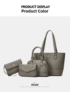 Detail view of 4-piece khaki synthetic leather handbag set with tote and crossbody bags