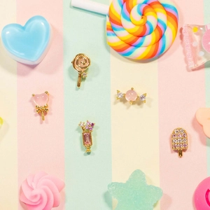 Summer dessert jewelry set with ice cream and candy stud earrings in gold and zircon
