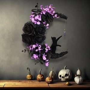 Detail of crescent moon wreath with black roses and a cat silhouette for Halloween