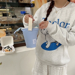 Detailed view of the blue checkered stationery bag with side label and carry handle