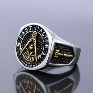 Retro stainless steel Freemason Past Master ring with silver and gold finish