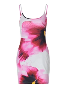 Zomerse witte mini-jurk voor dames met roze bloemenprint en slanke pasvorm bandjes