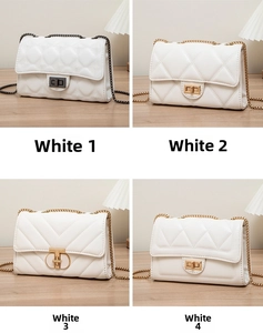 Detail view showing four quilted white bags with different metal lock and chain designs