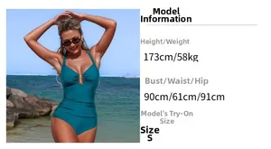 Detail view of teal halter swimsuit featuring a U-shaped metal buckle and model sizing chart