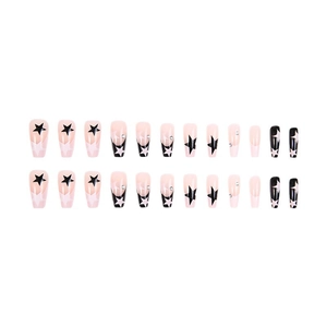 Pink and black star pattern coffin press-on nails with rhinestones set of 24 pieces