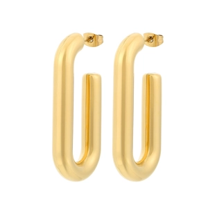 Polished 18k gold plated stainless steel U-shaped hoop earrings on a white background