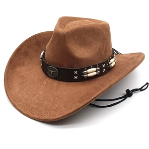 Chapeau De Cow-boy Western Suédine Fedora Large Bord Décor Tête De Taureau Cordon Réglable Chapeau De Soleil Extérieur