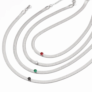Silver stainless steel snake chains set with colorful round zircon pendants