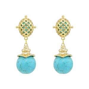 Ethnic style long turquoise drop earrings with gold hollow weave metal and silver needle