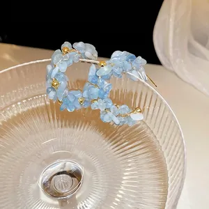 C Shaped Hoop Earrings With Aquamarine Crushed Stones And Gold Alloy Beads Silver Earring Post French Style For Women