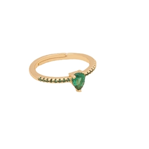 Golden adjustable ring with pear-cut green gemstone and emerald side stones in minimalist style