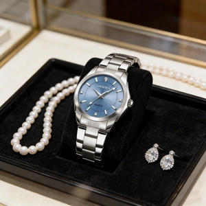 Elegant ladies quartz watch with blue dial and silver band displayed on luxury velvet