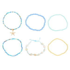 Bohemian multilayer starfish shell beaded anklet set in blue and gold for beach vacations