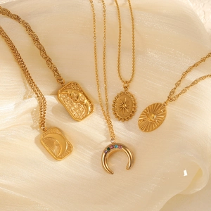 18K Gold Plated 304 Stainless Steel Pendant Necklace For Women Celestial Sun Moon Planet Colored Zircon Jewelry