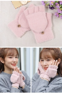 Pink cashmere-feel convertible mittens for women featuring fashion button detail