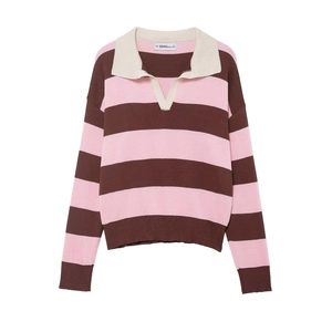 Women's striped knit POLO sweater with long sleeves in pink and brown color block