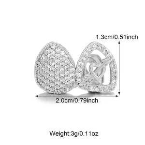 Detailed dimension view of heart-shaped hip hop teeth grill with cubic zirconia inlay