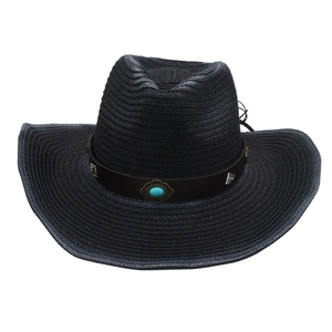 Black straw cowboy hat with turquoise gemstone leather band for beach sun protection