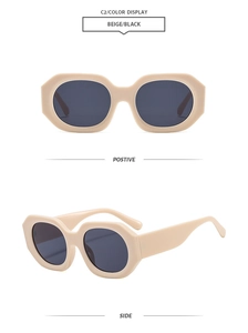 Front and side views of beige polygon sunglasses with black lenses and retro frames
