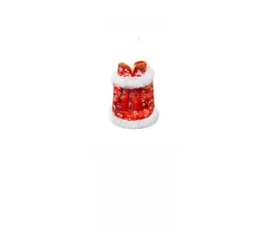 Detail of red pet Tang suit with white fur trim and golden frog button for Lunar New Year