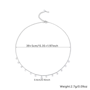 Detailed view of S925 silver necklace with 39+5cm length and circular zircon pendants