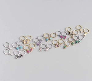Variety of geometric S925 sterling silver hoop earrings with rectangular zircon charms