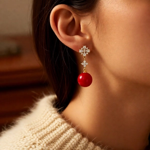 Close-up of 18K gold plated flower earring with sparkling zircon and a red pearl drop