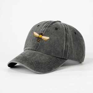 Dark grey washed cotton baseball cap featuring high-quality honey bee embroidery