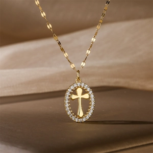 Cross Tree Of Life Evil Eye Pendant Necklace Gold Plated Copper Micro Pave Zircon Elegant Fashion Jewelry For Women