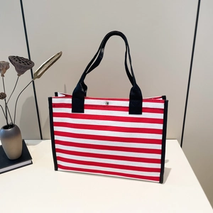 Women Large Capacity Striped Canvas Tote Bag 2024 New Fashion Urban Simple Shoulder Bag Casual Commuter Handbag with Magnetic Snap