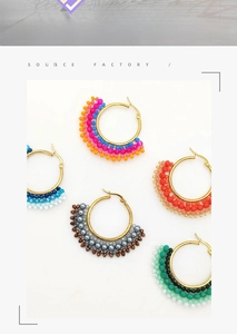 Detail of colorful seed bead fan-shaped hoop earrings in five distinct color combinations