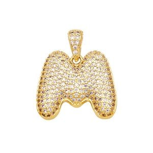 Gold-plated letter M pendant necklace with sparkling cubic zirconia pavé on white background
