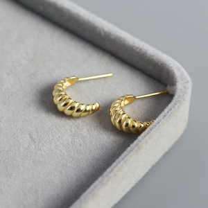 Macro view of gold s925 silver screw horn earrings on a grey velvet jewelry box