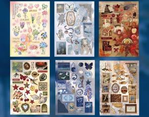 Six sheets of vintage DIY stickers for scrapbooking featuring floral and classical art themes